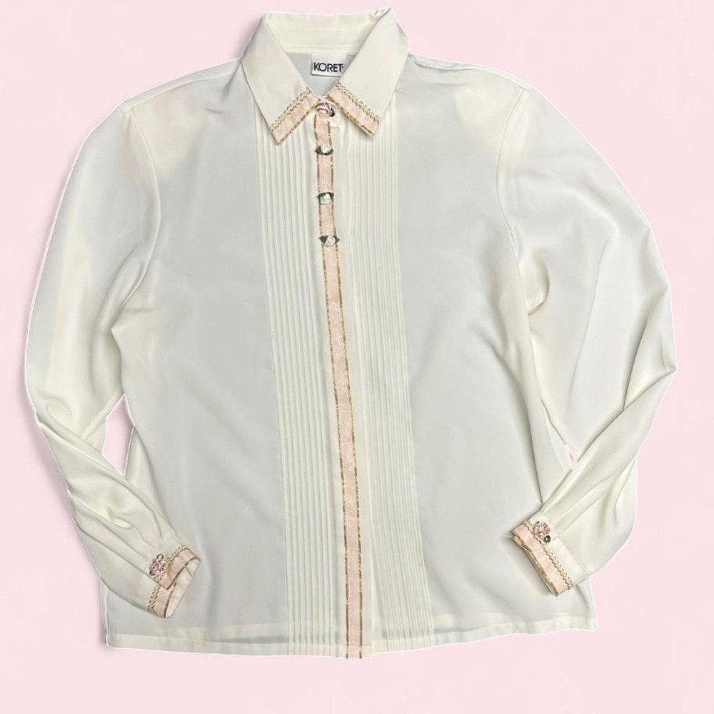 Vintage Koret Sheer Blouse Rosettes Pleated Front Cream Pink XL Fairy Coquette